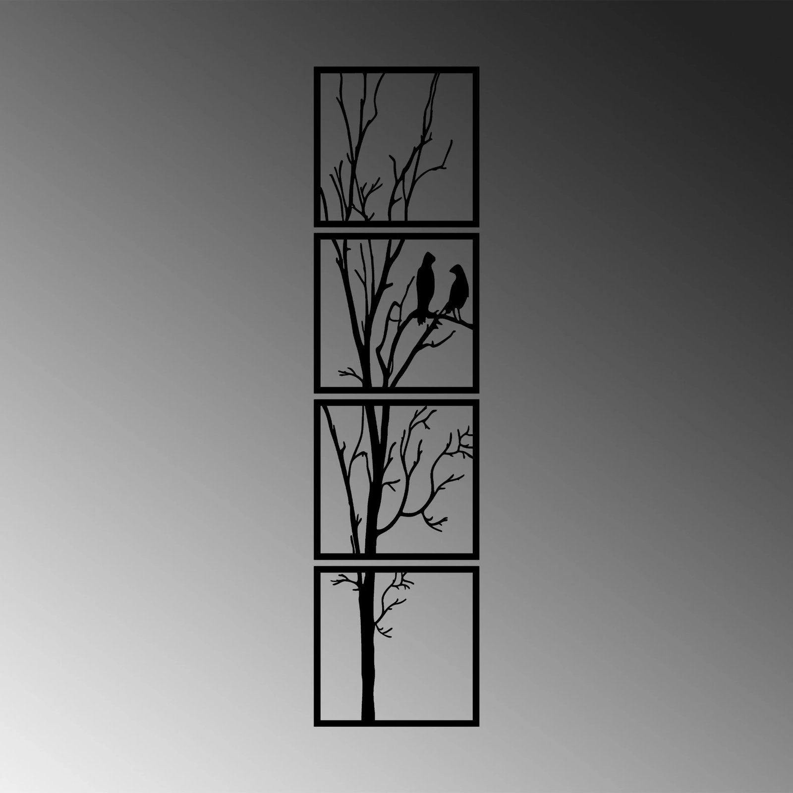 Aksesor dekorativ metalik për mur, dru dhe zogj, ngjyrë e zezë, 44x44cm (4 copë)