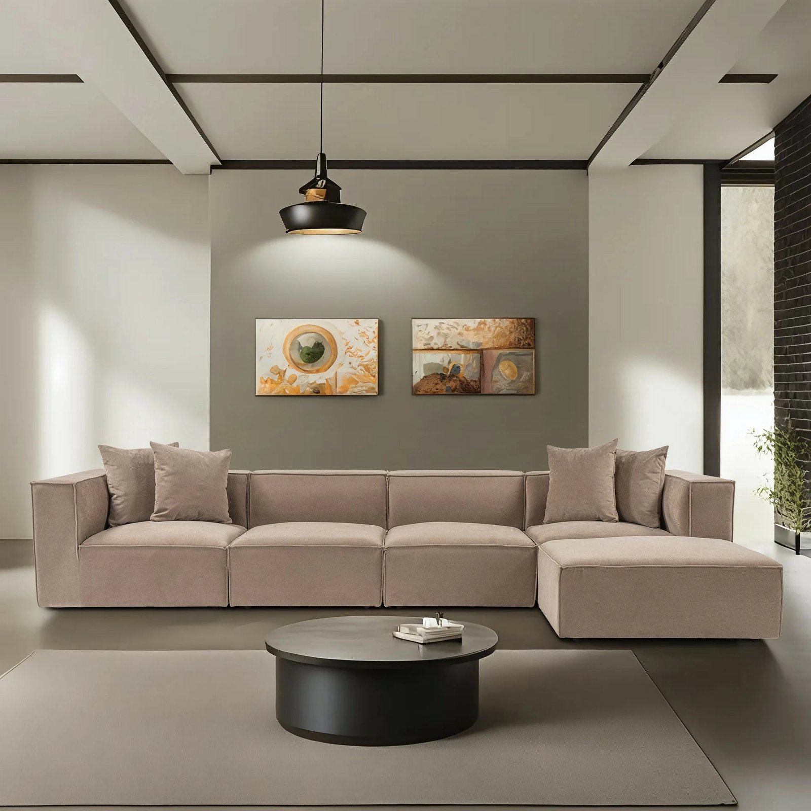 Kënd-sofë Sora me pouffe, ngjyrë kapuçino, Atelier del Sofa