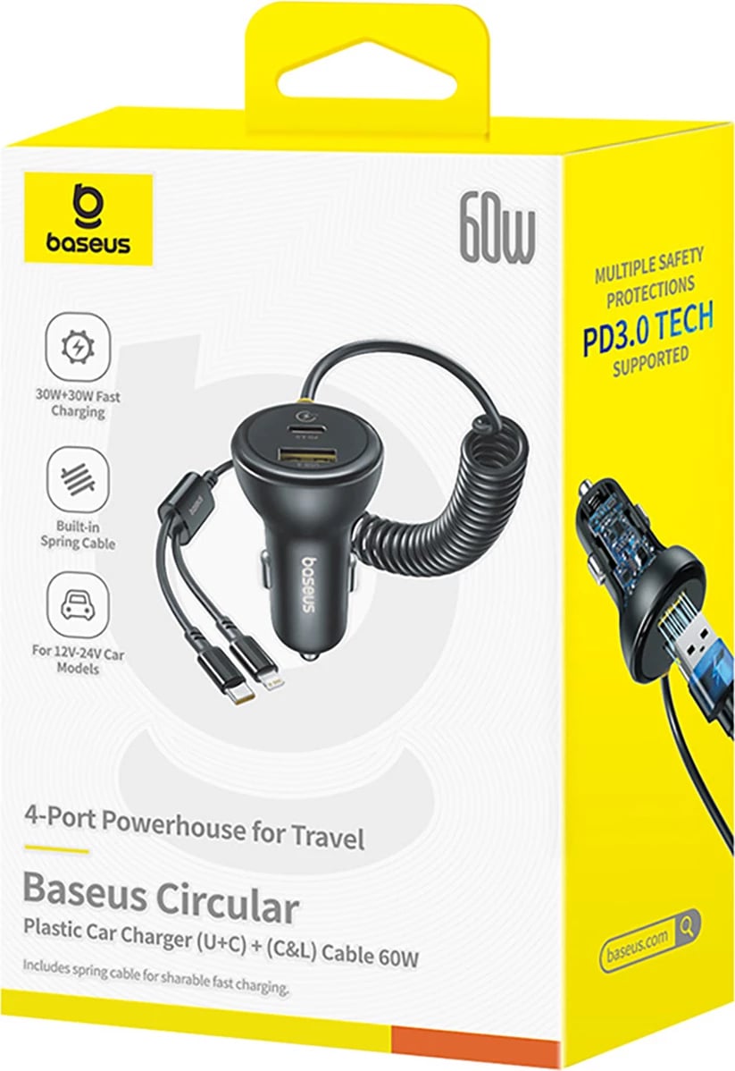 Karikues veture Baseus Circular, 60W, USB-A + USB-C, kabllo e integruar Lightning + USB-C 1.4m, e zezë