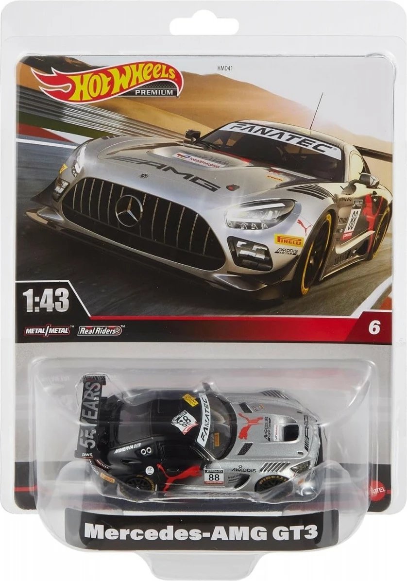 Makine lodër Hot Wheels Mercedes-AMG GT3, 1:43, Metal, Argjendtë/Zeze