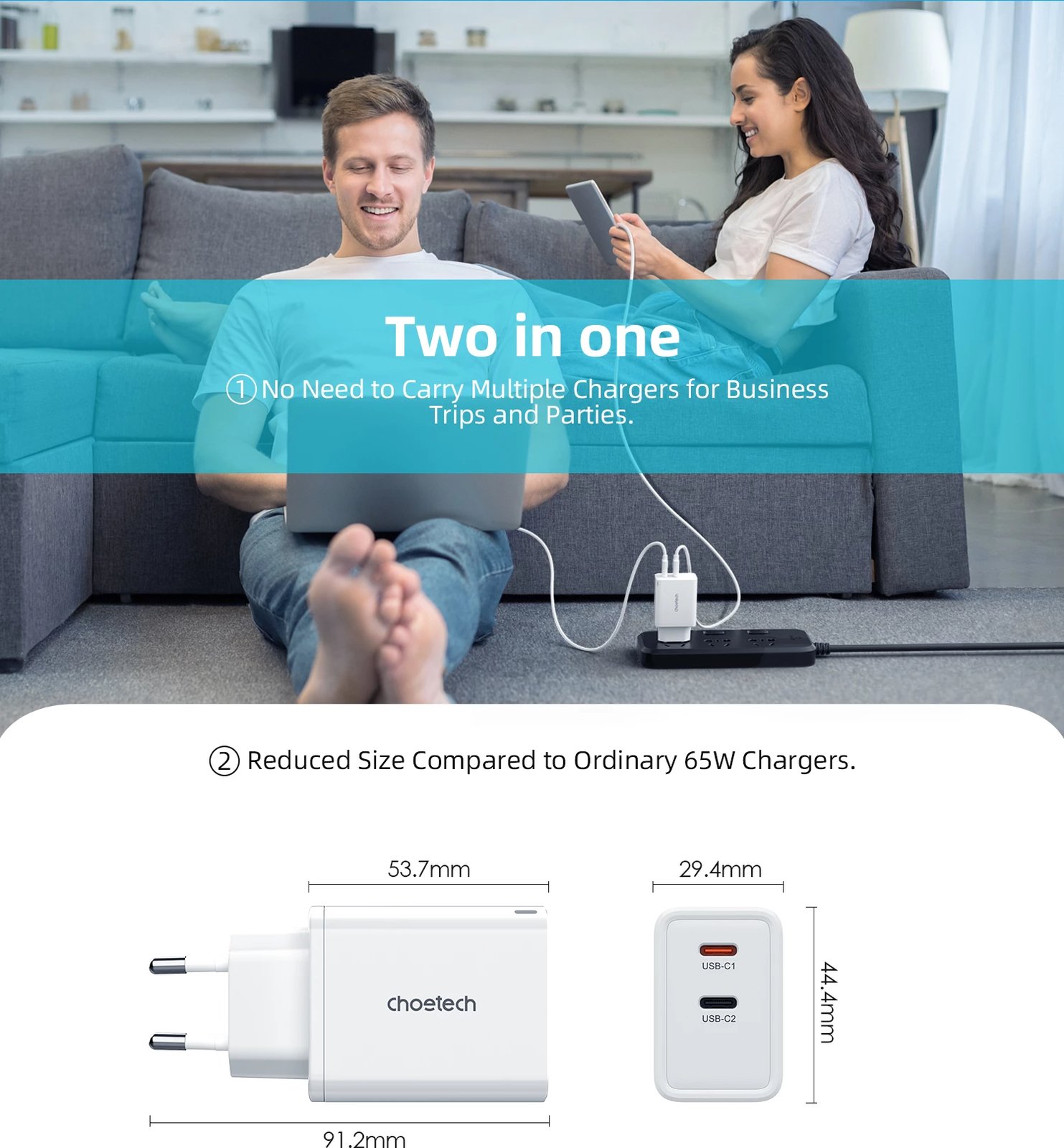 Karikues muri Choetech PD6013, 2x USB-C PD, 65W, i bardhë