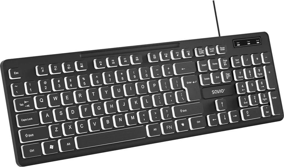 Tastierë me kabllo, Savio KB-04, US layout 104 taste, USB-A, LED ndriçim, e zezë