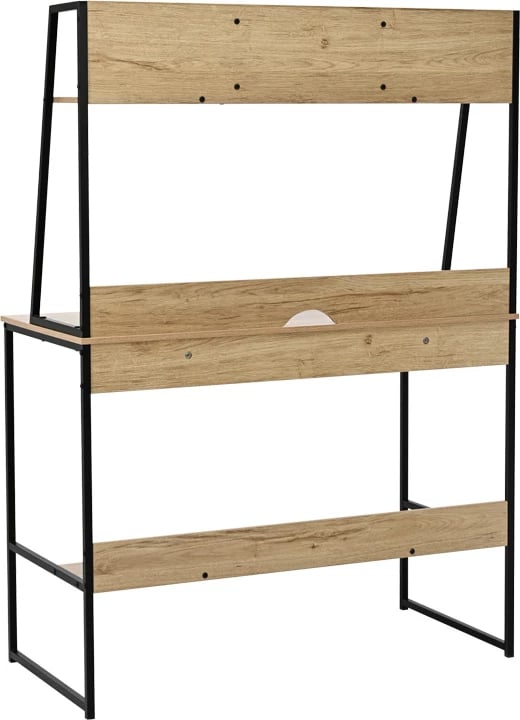 Tavolinë zyre me raft, ngjyrë lisi, këmbë metalike të zeza, Herbey, 100x48x139cm