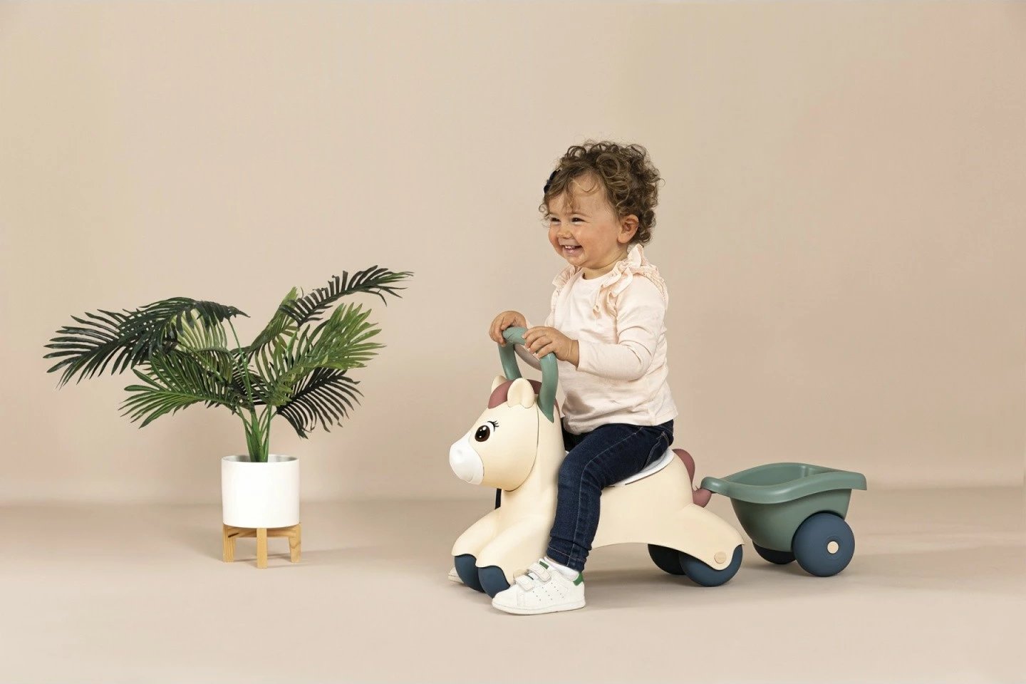 Jezdik lodër Smoby Baby Pony 7600140502, plastikë, bezhë/gri/e bardhë, me rimorkio