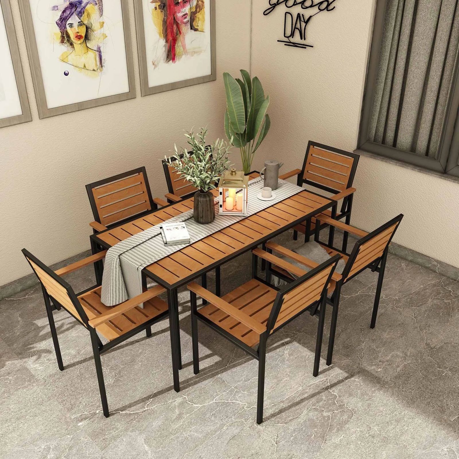 Tavolinë me karrige për terasë, 7 copë, ngjyrë teak, Skye Decor, CPT7707-150