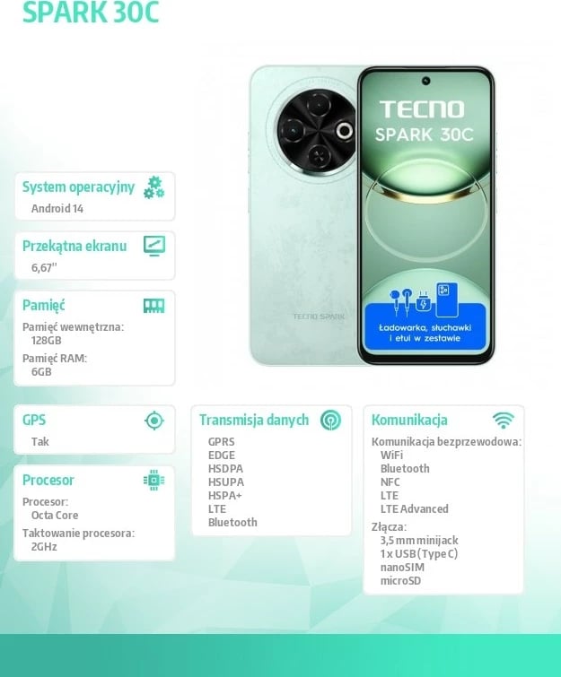 Smartfon TECNO Spark 30C, 6GB RAM, 128GB, Magic Skin Green, set me mbështjellës, kufje dhe karikues