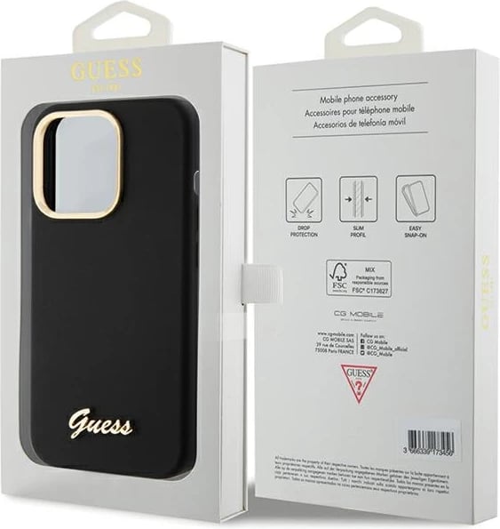 Mbështjellës Guess Silicone Script Metal Logo & Frame për iPhone 15 Pro Max, i zi