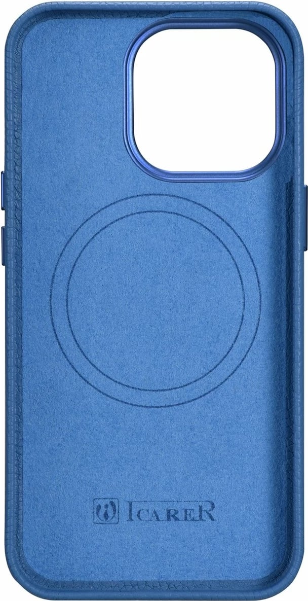 Mbështjellës iCarer Litchi Premium për iPhone 14 Pro, lëkurë natyrale, MagSafe, kaltër