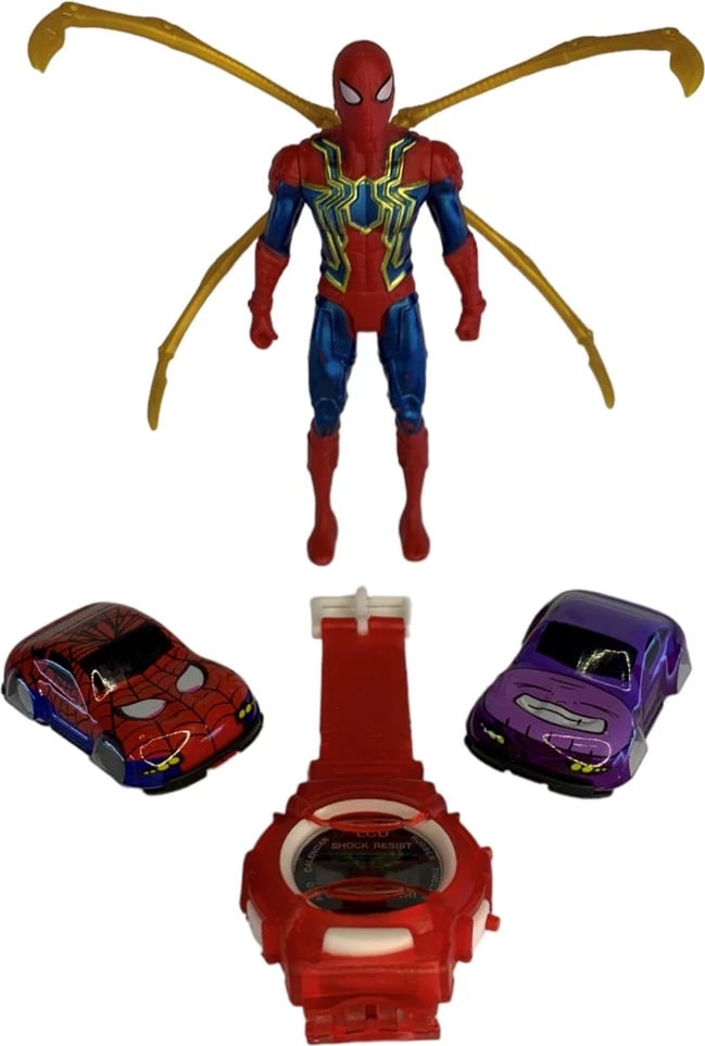 Orë dore për fëmijë dhe tri lodra Spiderman SLKSH3, 4 pjesë, e kuqe/e vjollcë