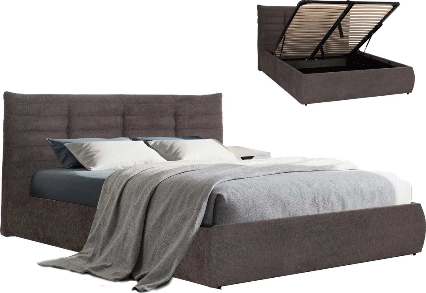 Krevat dopio SANDRA, stof gri, me hapësirë për depo, për dyshek 160x200cm