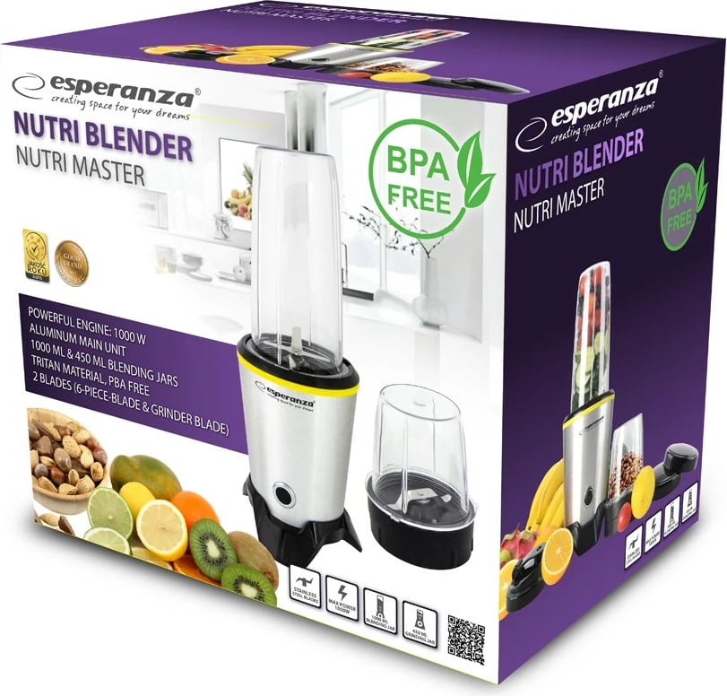 Blender personal Esperanza Nutri Master EKM028, 1000W, alumini, set gotash Tritan Blender personal Esperanza Nutri Master EKM028, 1000W, alumini, set gotash Tritan