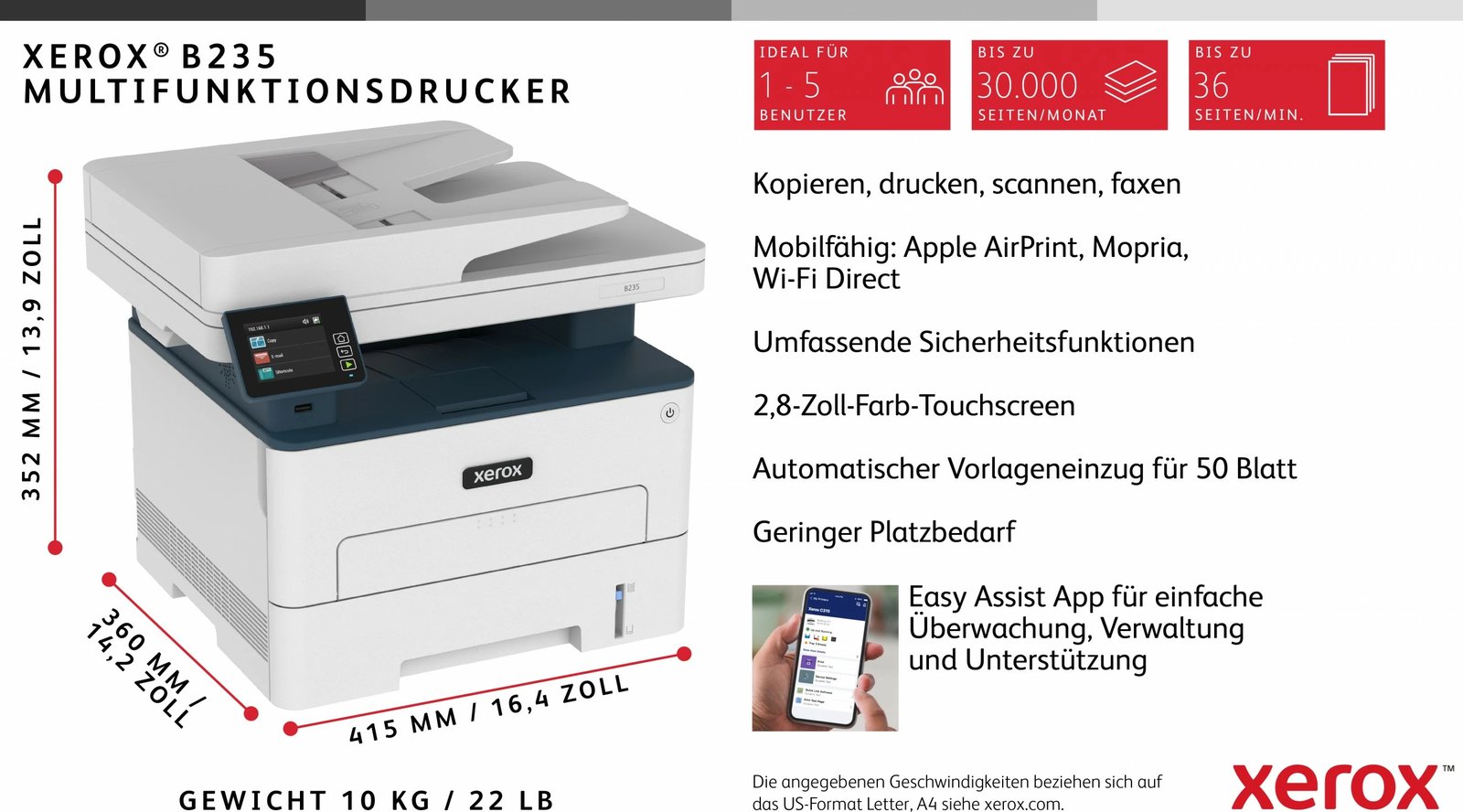 Printer multifunksional Xerox B235, laser, mono, wireless, duplex, A4, 251 fletë, bardhë/blu