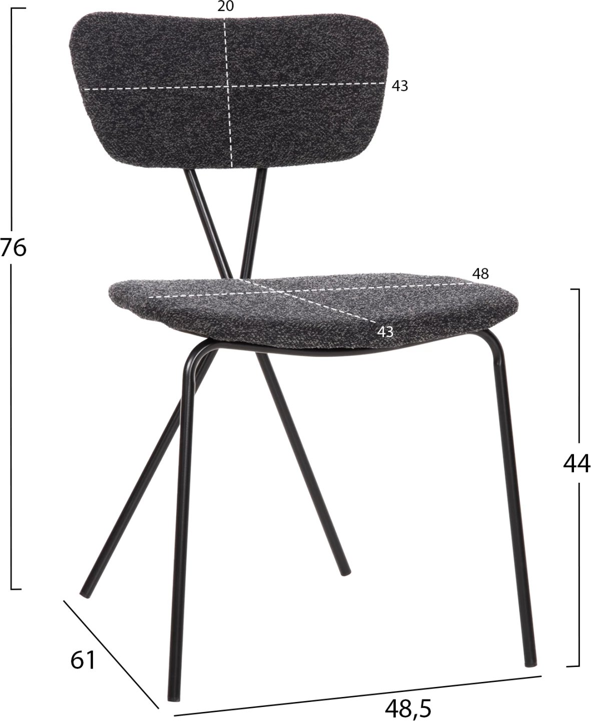 Karrige ngrënieje DORY, kornizë metalike e zezë, pëlhurë gri e errët, 48,5x61x76H cm., set prej 4 copash