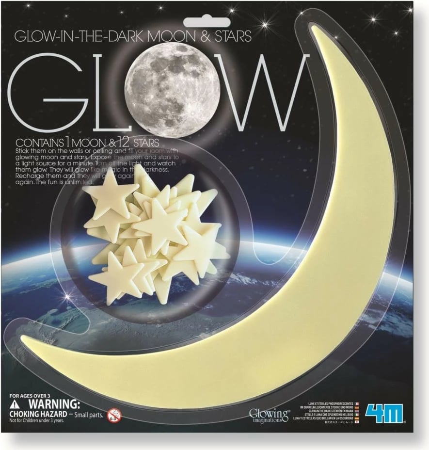 Sticker muri 4m Glow-in-the-dark, hënë dhe yje, set dekorativ për fëmijë