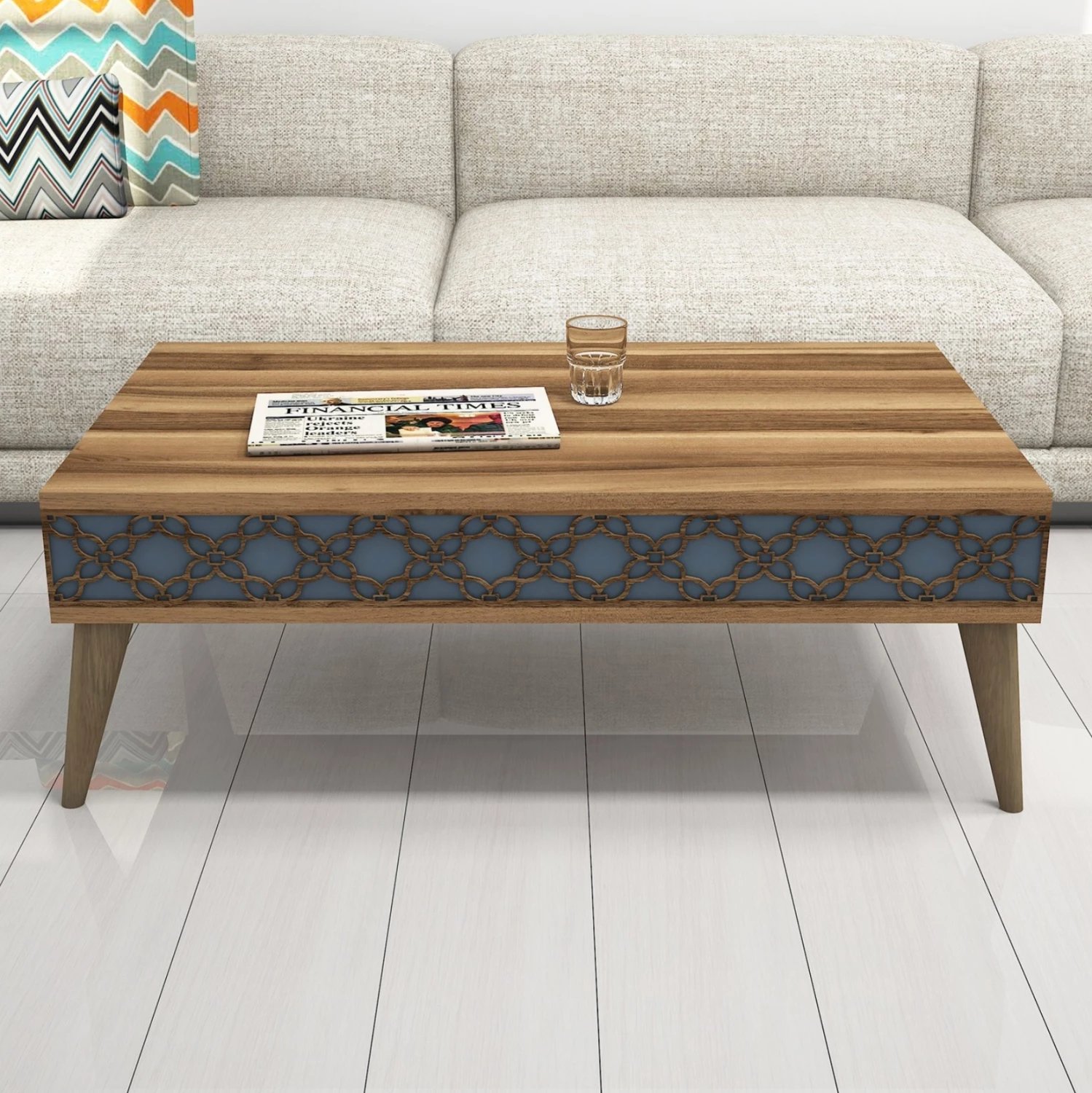 Tavolinë kafeje melamine, ngjyrë arre & anë të gdhendura blu qielli, FH9499.02, 105x60x36.6H cm