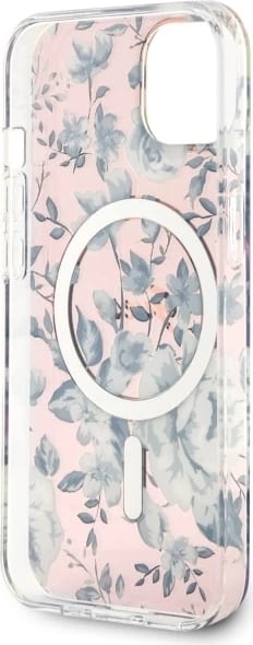 Mbështjellës Guess Flower MagSafe për iPhone 14, Rozë
