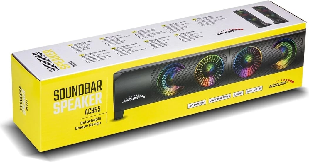 Kasë altoparlantë AUDIOCORE AC955 me RGB LED, 2x3W, USB, AUX 3.5mm, e zezë