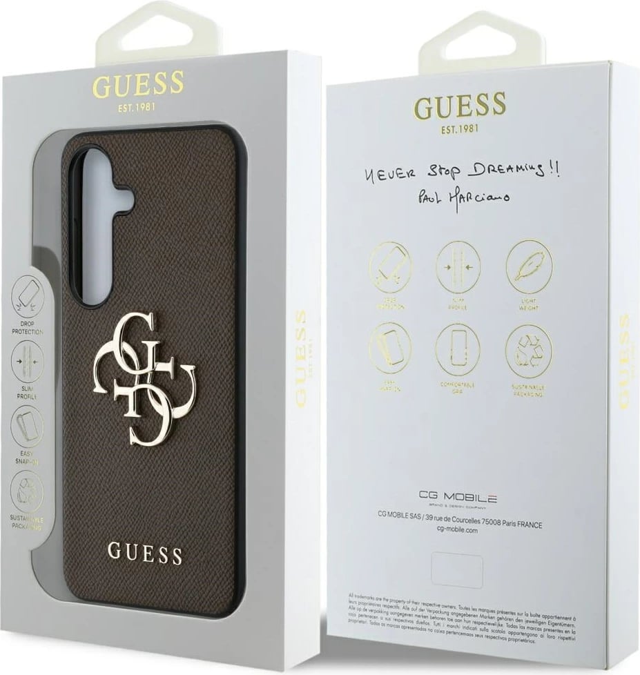 Mbështjellës Guess Grained Big 4G Logo Small Classic Logo për Samsung Galaxy S25 Plus, Kafe
