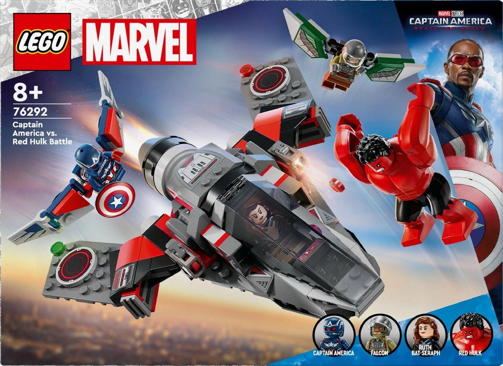 Set LEGO Marvel Captain America vs Red Hulk Battle 76292, 223 pjesë, me minifigura dhe avion luftarak Set LEGO Marvel Captain America vs Red Hulk Battle 76292, 223 pjesë, me minifigura dhe avion luftarak
