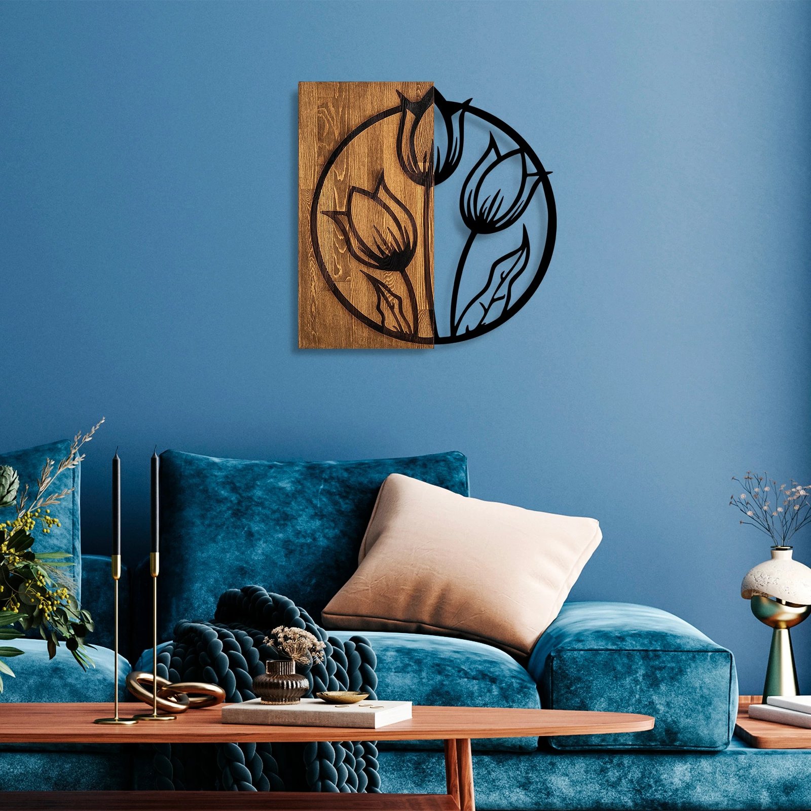 Aksesor dekorativ për mur, dru arre dhe metal, tulipanë, Wallity, 56x57cm