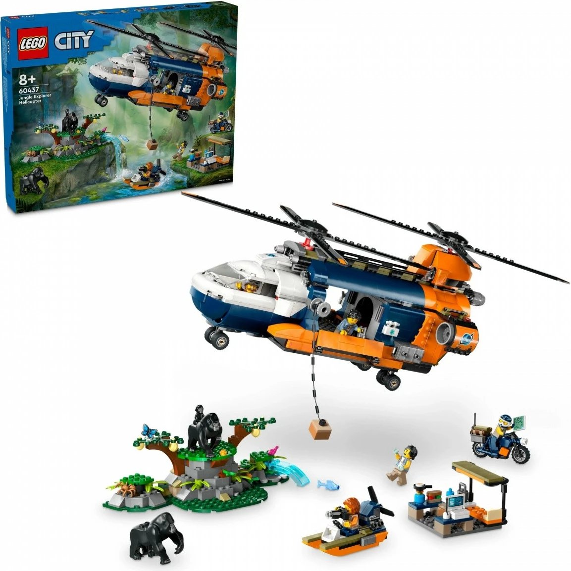 Set LEGO City Jungle Researcher Helicopter Base 60437, 881 pjesë, për fëmijë 8+, me helikopter, motor, hovercraft, 5 minifigura dhe 3 gorilla