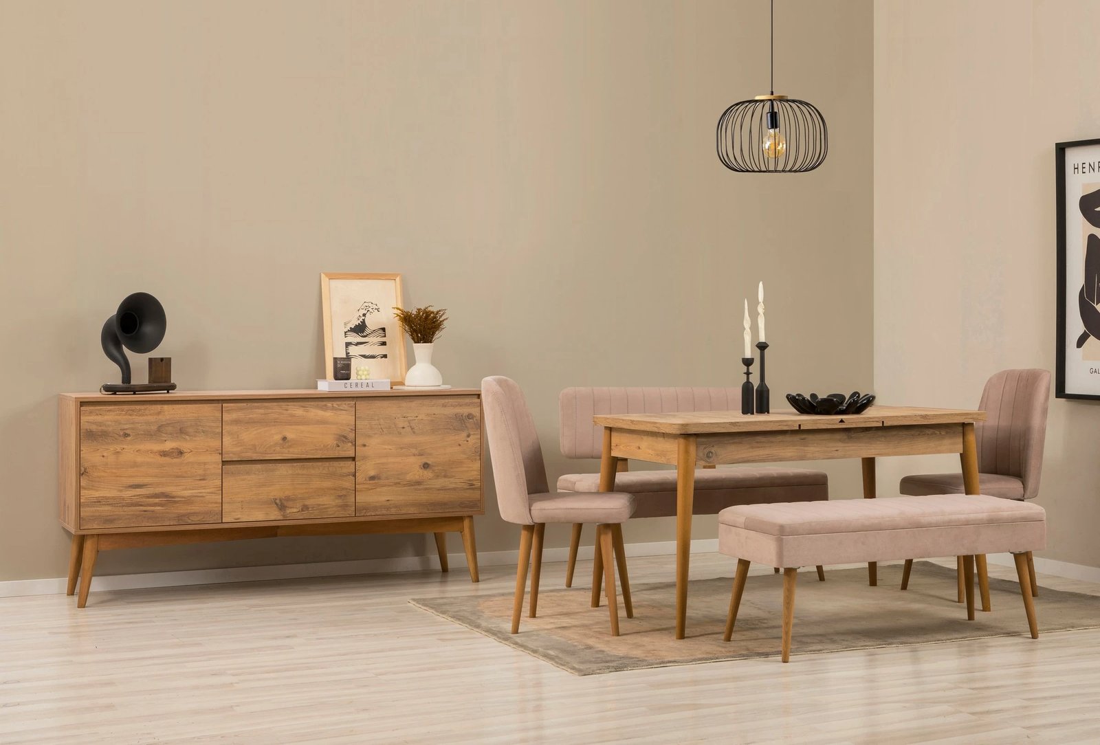 Set tavoline me karrige, bankë, konsolë, zgjatje, 6 pjesë, Skye Decor, Vina Bench 04 0900, ngjyrë Atlantic Pine, Stone