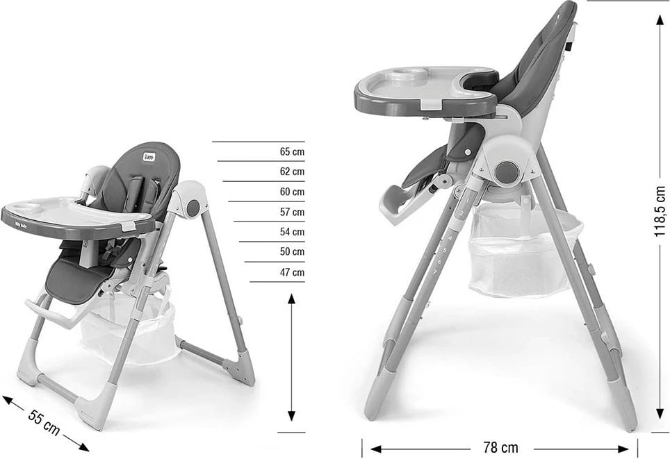 karrige e lartë për fëmijë, Milly Mally Bueno, 7 nivele lartësie, shpinore 5 pozicione, tabaka e heqshme, deri 15 kg, gri