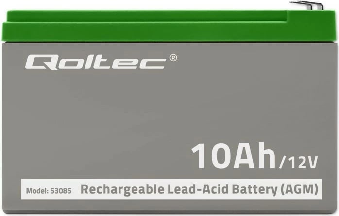 Bateri AGM plumb-acid Qoltec 53085 12V 10Ah pa mirëmbajtje për UPS, gri/jeshile