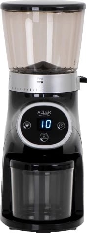 Mulli kafeje me burr konik, Adler AD 4450, 31 nivele, hopper 300 g, 300W, timer 25 s, e zezë/argjend