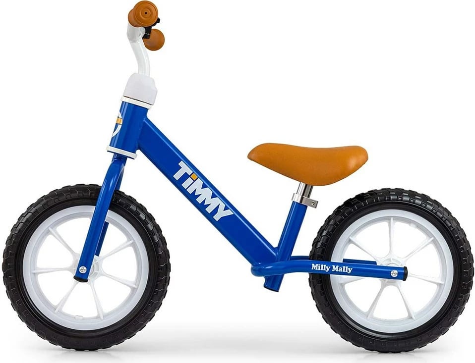 Biçikletë balancuese, Milly Mally, Timmy, rrota 12" EVA, sedile e rregullueshme 32–41 cm, deri 25 kg, 2.8 kg, blu