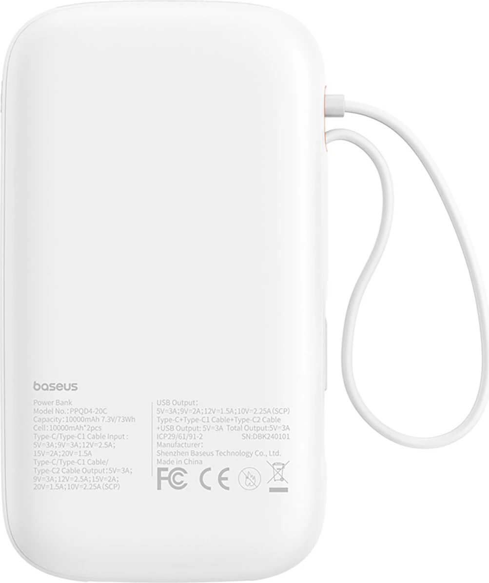 Power bank Baseus QPow 2, 20000mAh, 30W, me 2 kabllo USB-C të integruara, Bardhë