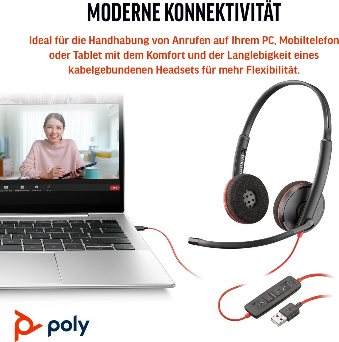 Kufje me mikrofon, Poly Blackwire 3220 8X228AA, me kabllo USB-A, me kontrolle në kabllo, mikrofon me anulim zhurme, e zezë