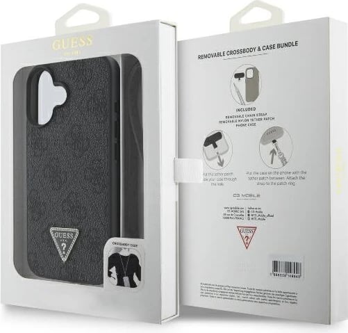 Mbështjellës Guess Crossbody 4G Metal Logo për iPhone 16, i zi, me rrip