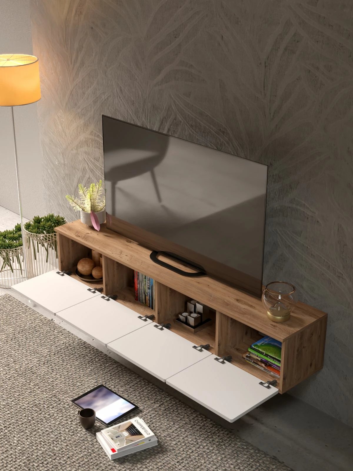 Komodë televizori Skye Decor, Lunera 180, ngjyrë pishë Atlantike dhe e bardhë