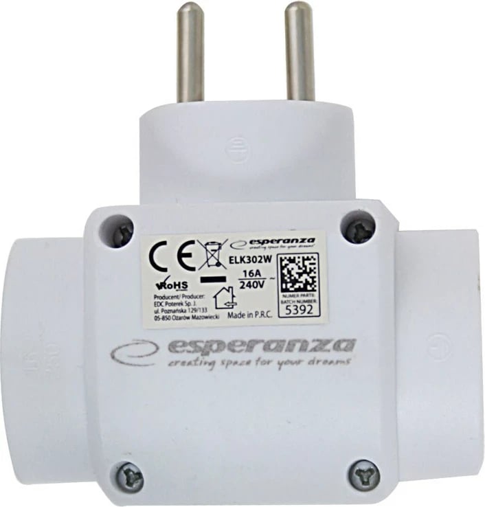 Shpërndarës elektrik Esperanza ELK302W, 3 dalje, i bardhë