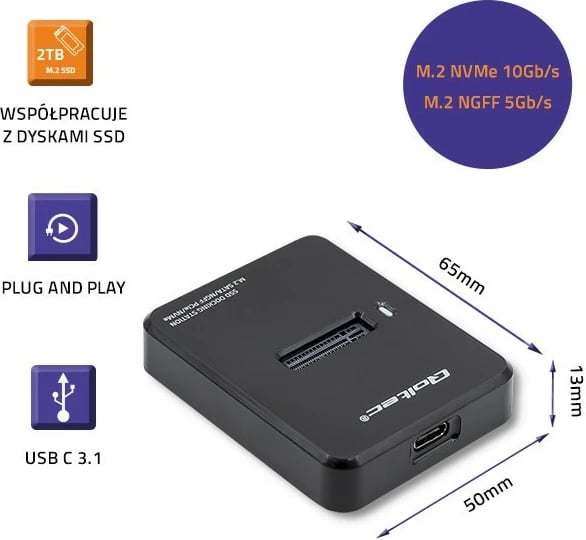 Stacion dokimi për SSD M.2 Qoltec 50313, USB 3.1, i zi