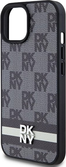 Mbështjellës DKNY Leather Checkered Mono Pattern & Printed Stripes për iPhone 13/14/15, i zi