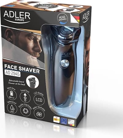 Makinë rroje, Adler, AD 2945, 3 koka dy unazore, trimmer mjekre i tërheqshëm, ekran LED, IPX7, karikim USB