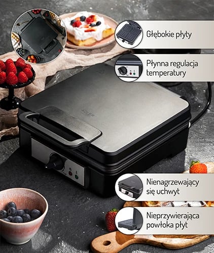 Aparat për vafle, Adler AD 3049, 4x10x10 cm, termostat i rregullueshëm, pllaka jo-ngjitëse, 1200-1800W, e zezë