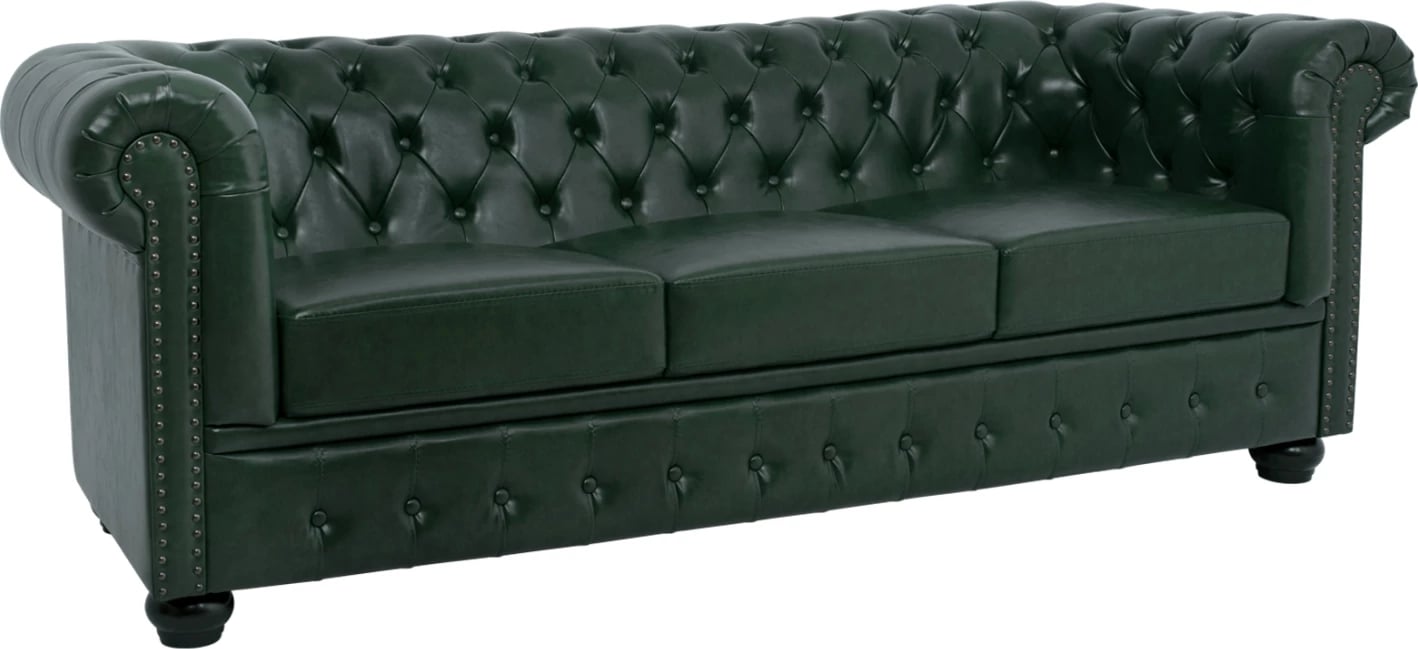 Divan 3 vendësh Chesterfield, FH3009.08, PU, Jeshile Cypress, 208x90x73 cm