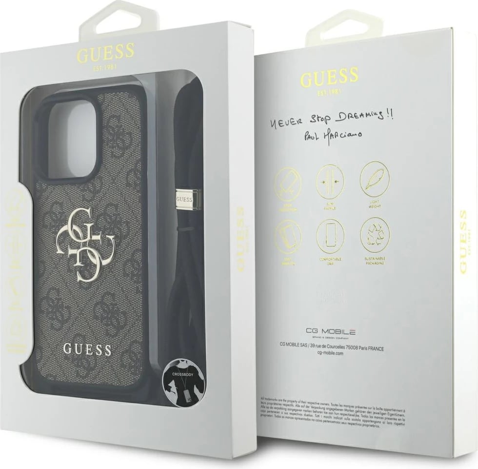 Mbështjellës Guess 4G Big Logo Cord Stap Crossbody për iPhone 16 Pro Max, Kafe