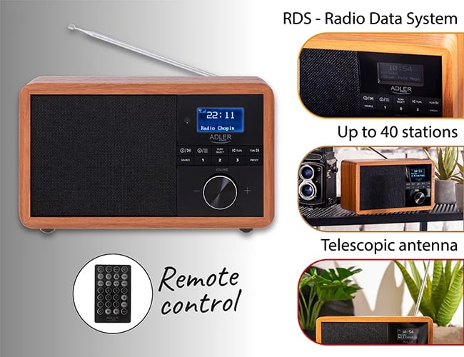 Radio Adler AD 1184 DAB/DAB+, FM, Bluetooth 5.0, 3W, LCD, USB/SD, alarm, kafe