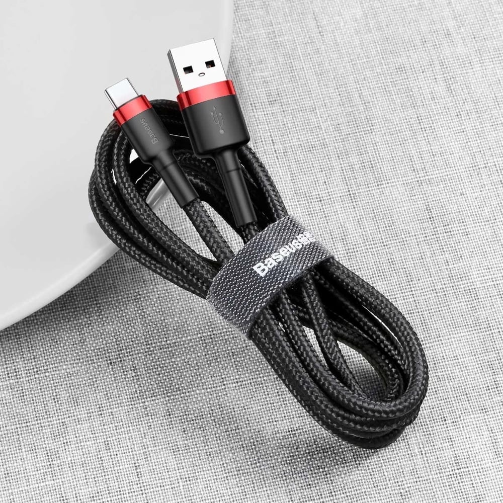 Kabllo Baseus Cafule CATKLF-A91 USB-A në USB-C, 0.5m, 3A, QC 3.0, e zezë dhe e kuqe