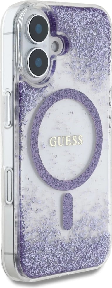 Mbështjellës Guess HC Resin Bottom Glitter MagSafe, për iPhone 16 6.1", hardcase TPU/PC, me MagSafe, vjollcë