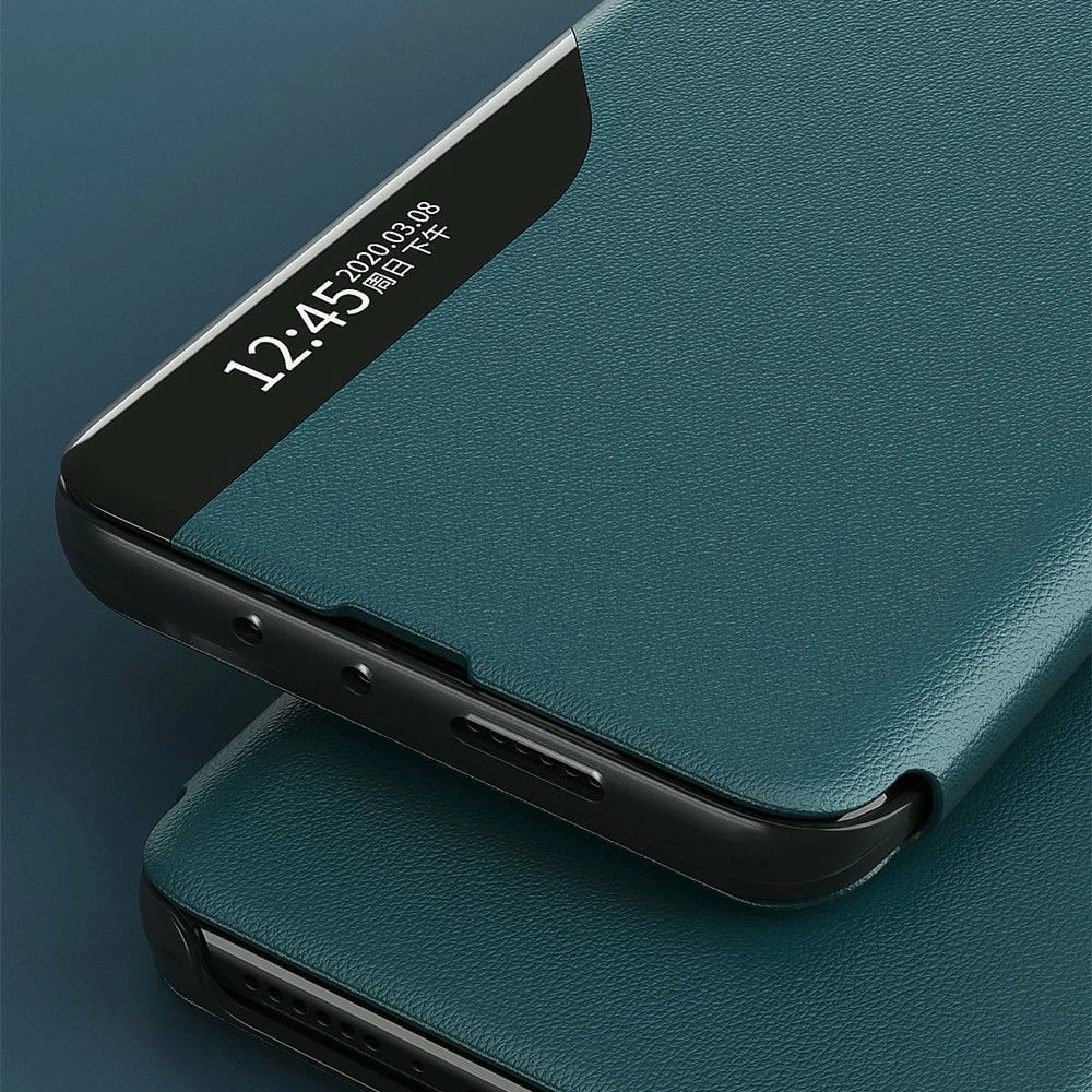 Mbështjellës Hurtel Eco Leather View Case për Samsung Galaxy A72 4G, me kapak dhe qëndrim, i zi