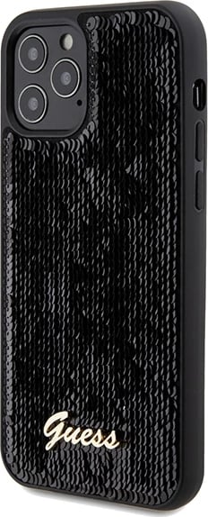Mbështjellës Guess Sequin Script Metal për iPhone 12/12 Pro, i zi