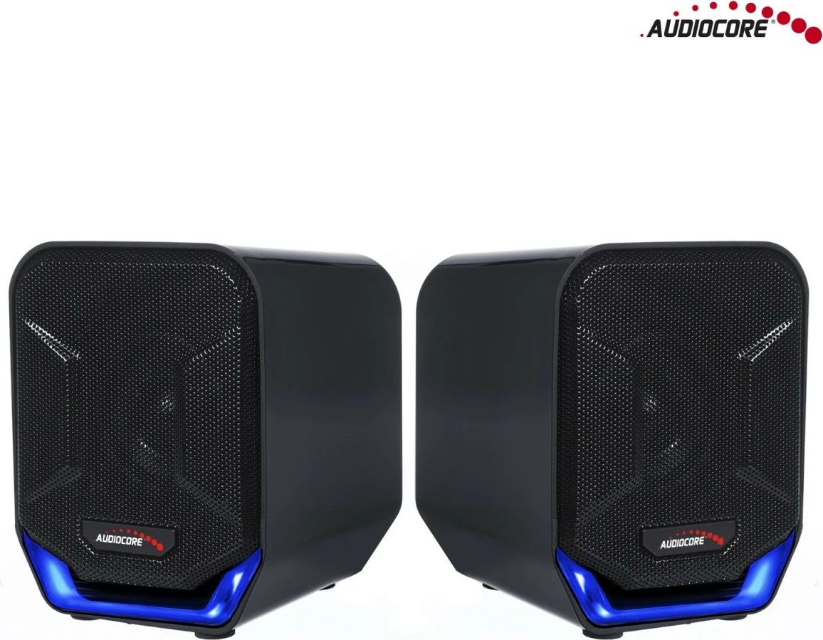 Altoparlantë kompjuteri, Audiocore AC865B, 2.0 6W, USB 5V me minijack 3.5 mm, ndriçim LED blu, të zinj-blu