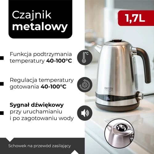 Çajnik elektrik, Camry, CR1291, 1.7L, ekran LCD dhe rregullim temperature 40-100°C, funksion Keep Warm 2h, 1850-2200W, inox