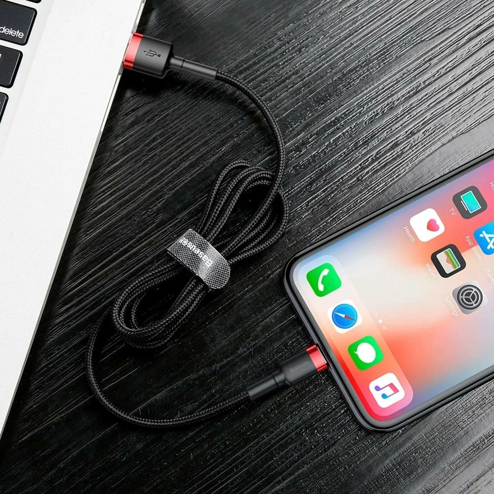 Kabllo Baseus Cafule CALKLF-A19, USB-A në Lightning, 0.5m, 2.4A, e zezë/kuqe