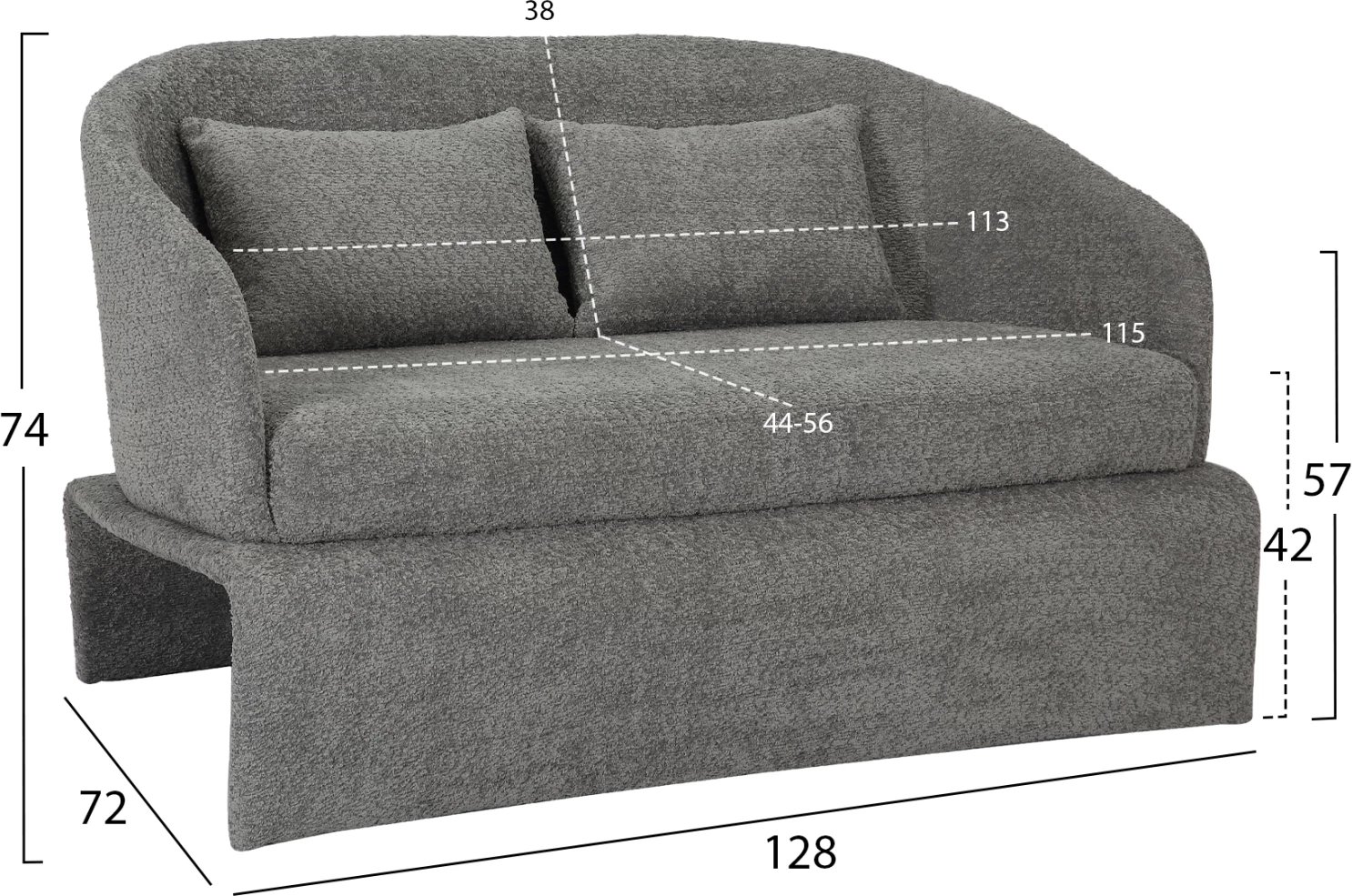 Divan 2-vendësh BEVY2 FH9678.01, ngjyrë gri, kornizë metalike, 128x72x74H cm